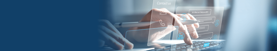 a person typing on a computer with two pop up boxes hovering in front of the screen. One says "contact us" the other shows a chat box with a conversation happening.